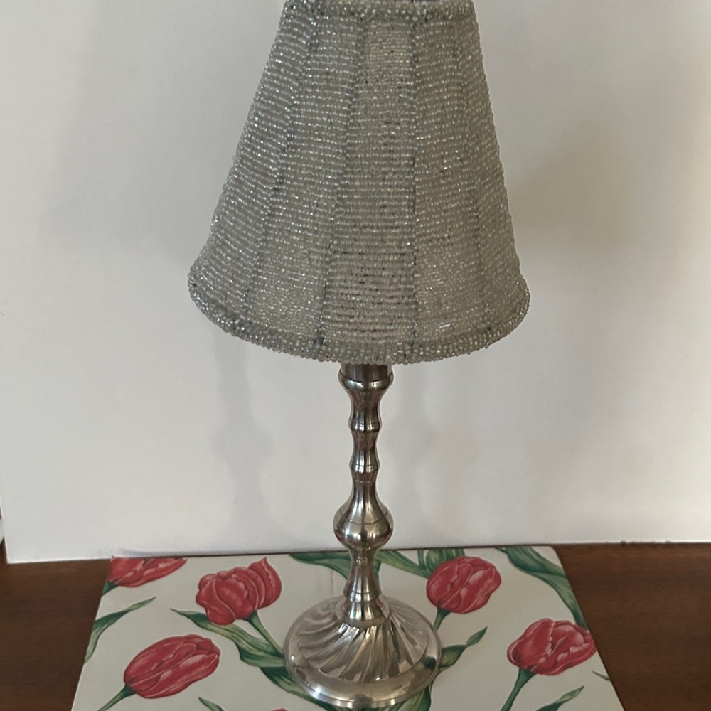 Beaded top metal bottom 10 inch high tea light holder